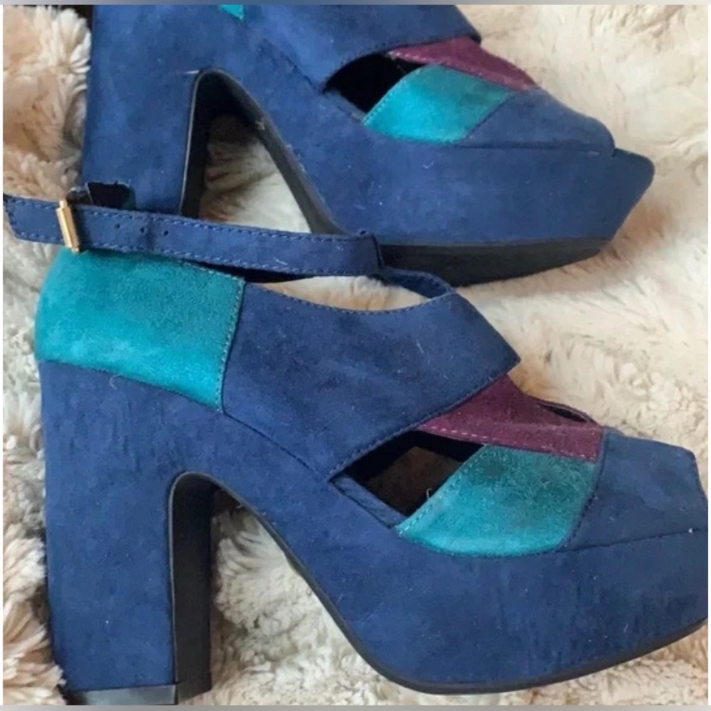 Jellypop blue and purple suede platform heels.